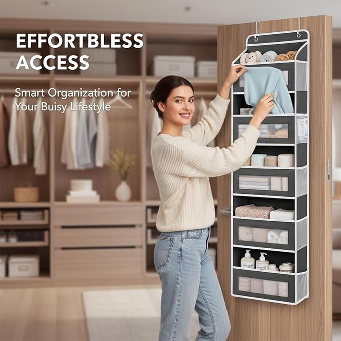 SakerPlus Over The Door Organizer, 5-Tier Hanging Storage with 5 Front Pockets & 5 Side Mesh Pockets, Holds Up to 44 lb, No-Drill Door Shelf for Bathroom, Closet, Pantry, Bedroom (Grey)