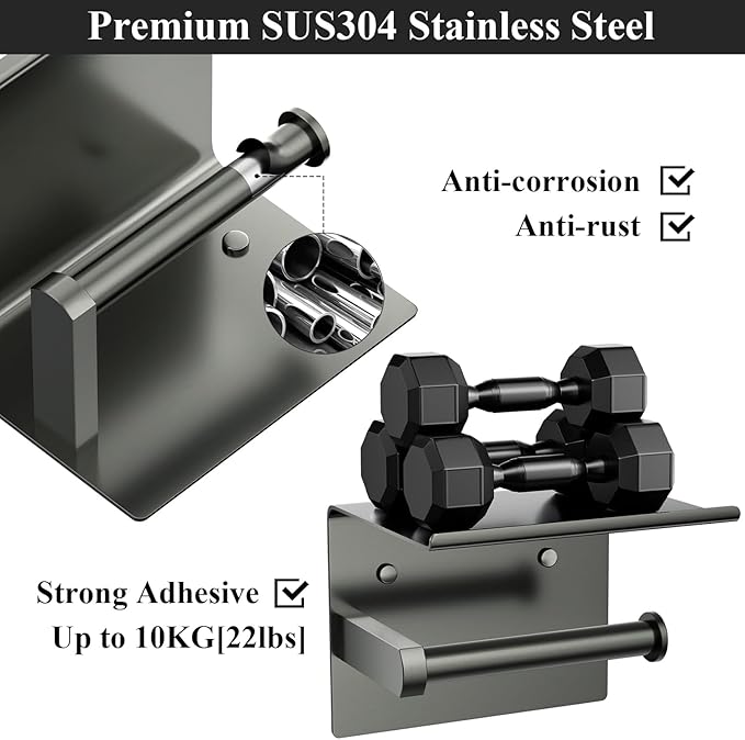 Tindbea Mega Size Toilet Paper Holder with Shelf + Towel Robe Hooks, Adhesive or Screw Wall Mounted Toilet Paper Roll Holder, Stainless Steel Bathroom Hardware Set (Polished Grey)