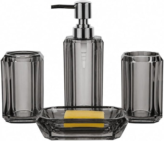 4-Piece Modern Gray Bathroom Accessories Set — Soap Dispenser, Soap Dish, Mouthwash Cup & Toothbrush Holder, Glossy Acrylic with Gray Finish, Vanity Countertop Organizer