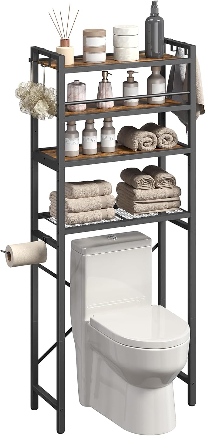 YATINEY Over The Toilet Storage Rack, 4-Tier Freestanding Bathroom Organizer Above Toilet, Toilet Shelf with Detachable Upper Shelves, X-Shaped Back Support, Rustic Brown and Black TR05BR