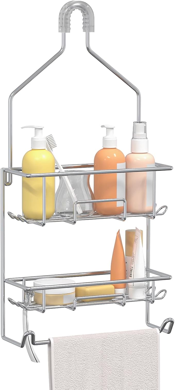 TreeLen Shower Caddy Hanging over Shower Head Shower Hanger Organizer with 10 hooks Bathroom Storage Shelf-Chrome