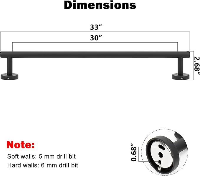 NearMoon Bath Towel Bar, Thicken Stainless Steel Shower Towel Rack Holder Wall Mounted for Bathroom, 33-lnch Overall Length-30-lnch Usable Hanging Space (1 Pack, Matte Black)