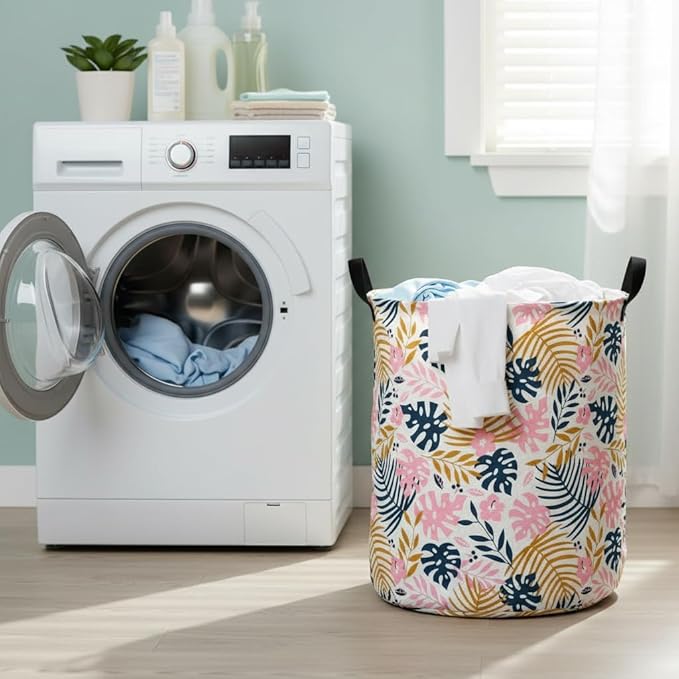 Round Pink Leaves Pattern Laundry Hamper Storage Basket Fabric Material Storage Hamper Organization Basket, Storage Bin, Gift Box with Handles for Room