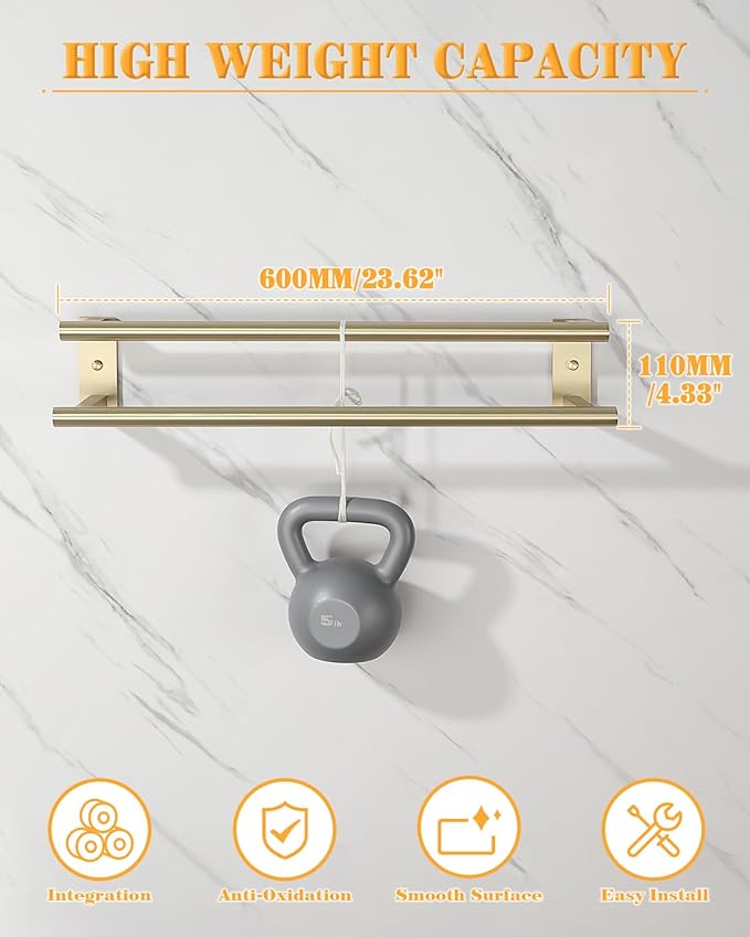 Alise Bathroom Double Towel Bar, 24 Inch Wall Mount Towel Holder, Towel Racks for Bathroom, SUS304 Stainless Steel Towel Hanger, Thickened Pipe with Strong Load-Bearing Capacity, Gold