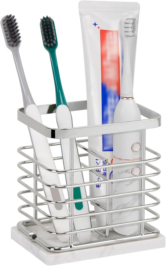 Toothbrush Holder, Luxurious Metal Toothbrush Toothpaste Holder with Marble Base for Bathroom, Multi-Slots Openwork Design, Bathroom Accessory for Storage and Organizer (Small, Chrome)