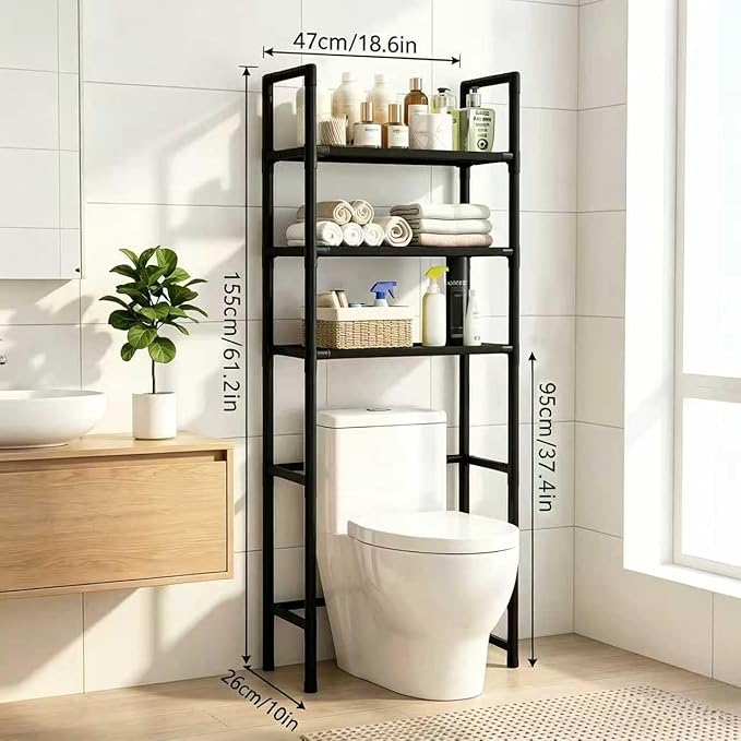 Renyqatt Over the Toilet Storage, 3-Tier Bathroom Organizer, Freestanding Above Toilet Shelf with Adjustable Feet, Space Saving, Easy Assembly, Carbon Steel Shelf, 61" H, Black