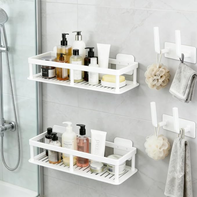 ACEXINYAN Shower Caddy Adhesive, Self-Adhesive Bathroom Shelves Basket, 2 Pack Large Capacity Shower Shelve with Hook Rack, No Drilling Bathroom Organizers and Storage for Home Decor (4, White)