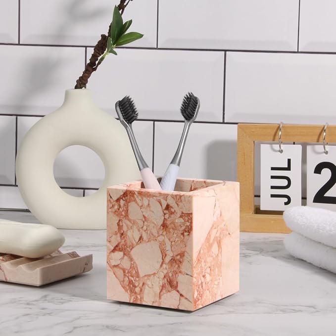 Natural Marble Toothbrush Holder for Bathroom Countertop (8.5x8.5x10cm) - Multifunctional Organizer for Makeup Brushes, Vanity Accessories & Utensils Sink(Pink)