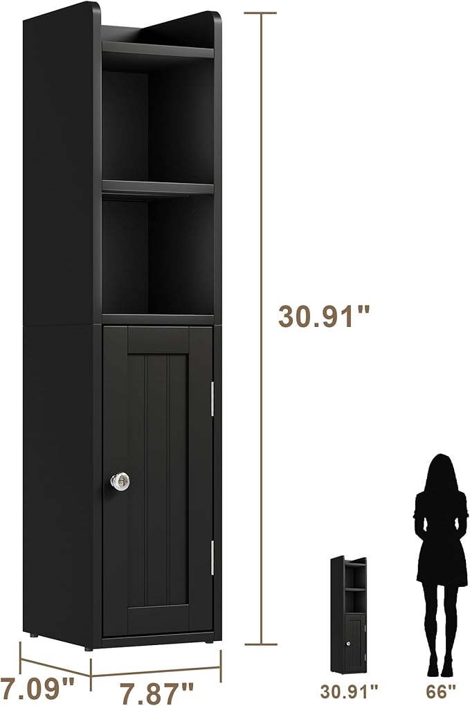 ChooChoo Small Bathroom Storage Cabinet, 7.1“W * 7.9”D Corner Floor Cabinet with Door and Adjustable Shelf, Narrow Toilet Paper Cabinets, Slim Bathroom Organizers for Small Spaces and Bathroom, Black