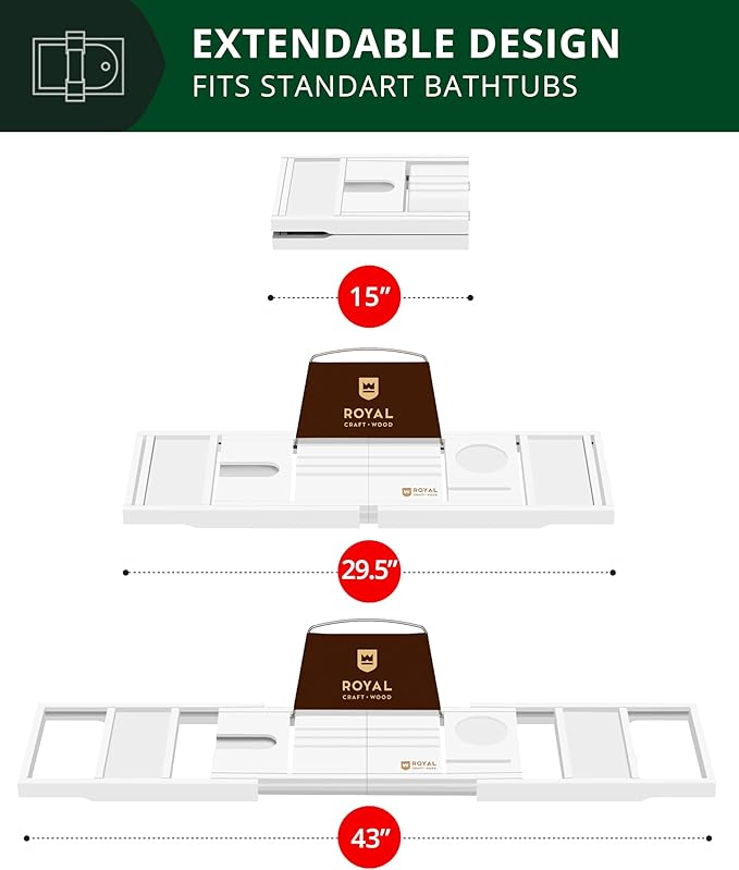 ROYAL CRAFT WOOD Premium Foldable Bathtub Tray Caddy - Wood Bath Tray for Tub, Bamboo Shelf, Expandable Bath Table Trays, Bathtub & Bathroom Accessories for New Home & Mothers, Birthday Gifts for Mom