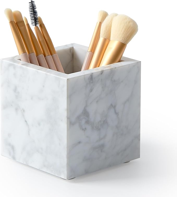 Real Luxurious Natural Marble Toothbrush Holder & Makeup Brush Organizer & Pen Holder for Desk,3.93inch Square Marble Utensil Holder Non-Ceramic/Non-Resin （White）