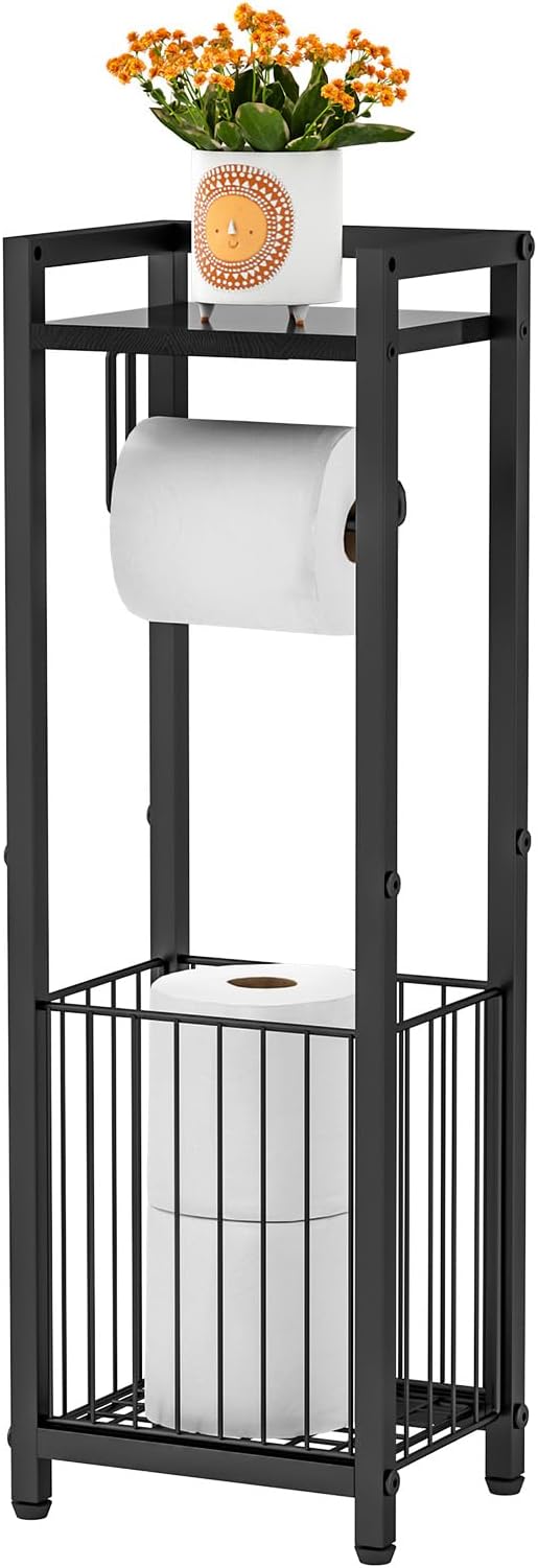 Narrow Side Toilet Paper Holder with Storage Rack - Freestanding Roll Holder for Bathroom, Small Space, Bathroom Tissue & More
