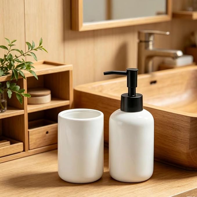 White Bathroom Accessories Set 2 Pieces,Ceramic Soap Dispenser and Toothbrush Holder,Modern Decor Bath Set Countertop Organizer
