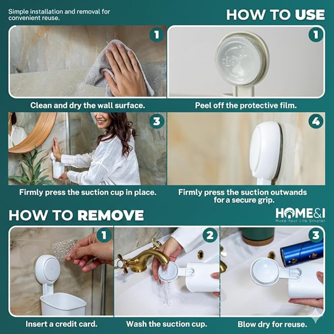 HOME&I Suction Cup Toothbrush Holder and Shower Caddy – Drill-Free, Removable, Powerful Suction Cup, Self-Draining Design for Bathroom & Kitchen – Holds Toothpaste, Razors, and Tableware