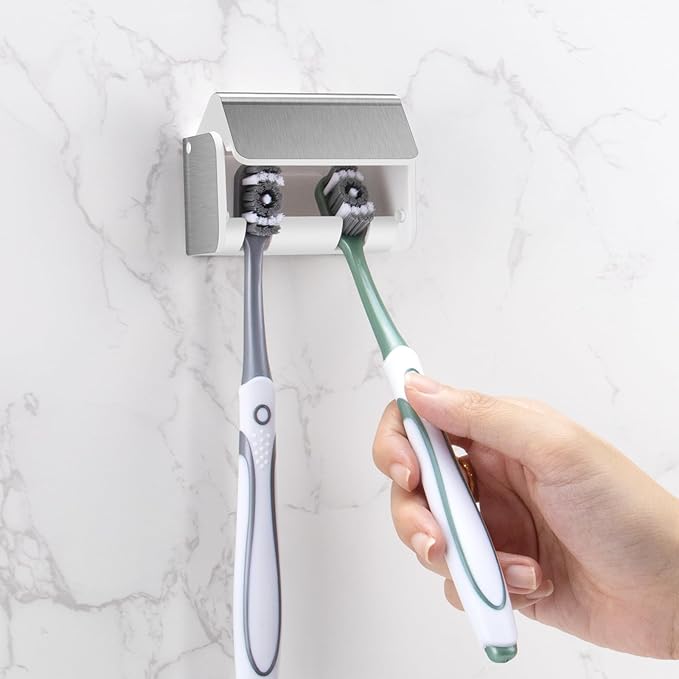 PARKMANI Toothbrush Holders Wall Mounted with Cover, Electric Tooth Brushing Holder for Bathroom, 2 Slots Self Adhesive Toothbrush Organizer, Toothbrush Stand for Family, Kids (1, Brushed Silver)