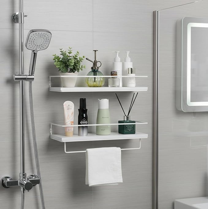 Floating Bathroom Wood Shelves Set of 2 Wall Mounted Shelf with Black Metal Frame and Towel Rack for Bathroom Over Toilet Storage and Organizers for Bedroom Living Room Kitchen Office(White)
