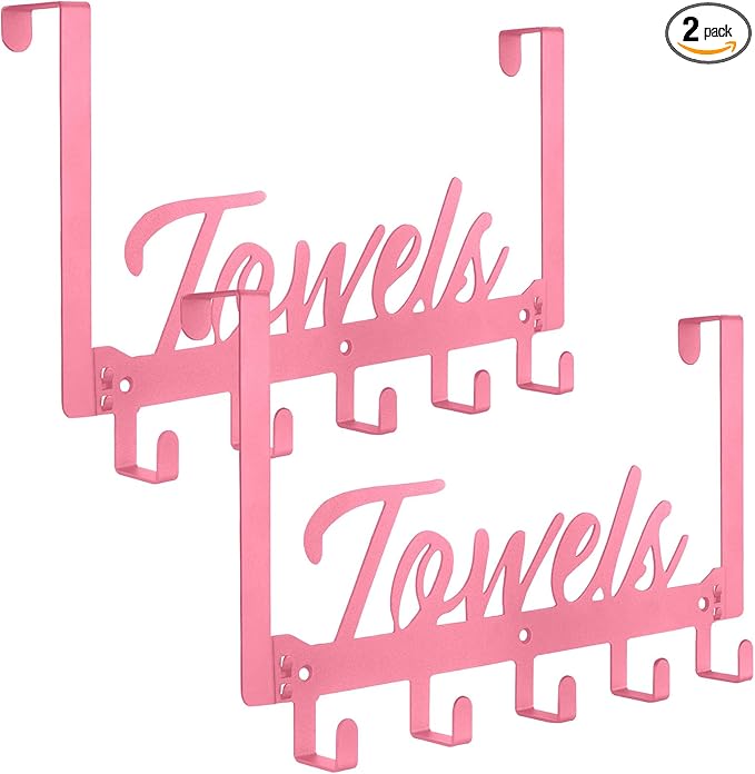 Azmoncy 2 Pack Over The Door Hooks, Towel Rack for Bathroom, Over Door Hanger with 10 Coat Hooks for Bedroom Bathroom, Pink