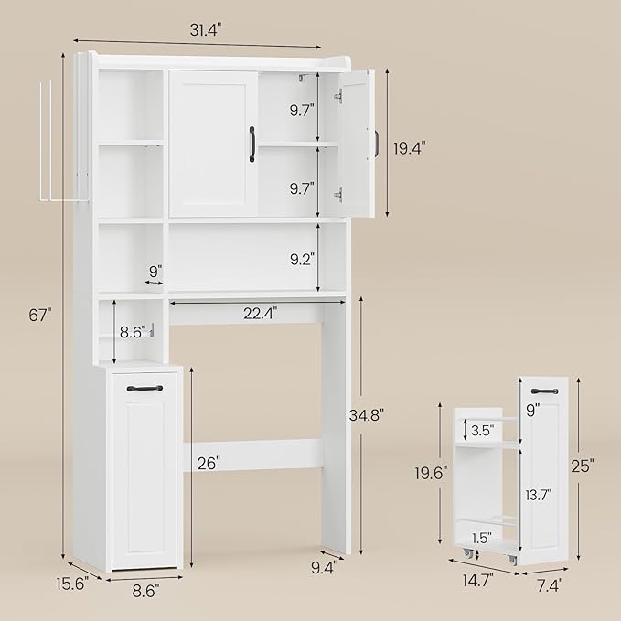 UPOSOJA Over The Toilet Storage Cabinet with Pulley Small Bathroom Storage, Space Saver W/Adjustable Shelf & Rack for Bathroom, Restroom, Laundry (White-Type B)