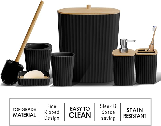 Clara Clark Bathroom Set - Black Bathroom Accessories Set, 6PC Bathroom Accessory Set, Bathroom Sets with Bathroom Rugs, Adhesive Corner Shower Caddy Hanging, Toilet Brush, Trash Can & Soap Dispenser