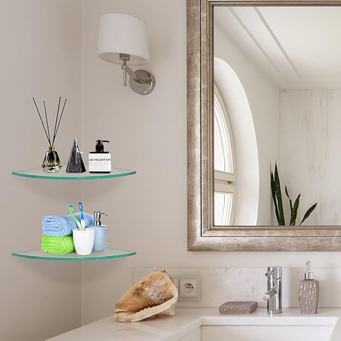 2 Pcs Tempered Glass Corner Shelf with 8 Brackets, 11.5" x 11.5" Floating Shower Caddy, Wall Mounted Shampoo Holder Organizer for Bathroom, Kitchen, Living Room