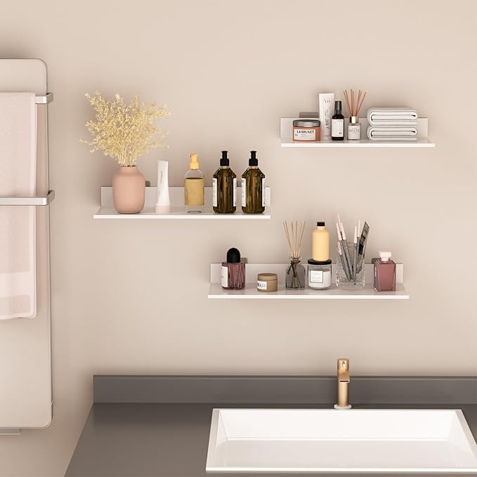 Wisfame White Floating Wall Shelves for Bedroom, Modern Bathroom Shelves Wall Mounted No Drilling Set of 3, Metal Small Decor Floating Shelf for Living Room Office