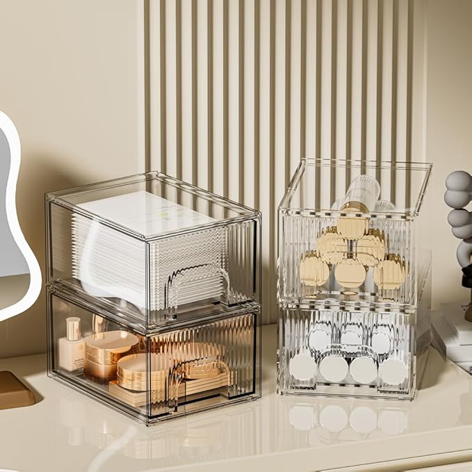 ZHIAI 4 Pack Clear Stackable Storage Drawer, Acrylic Drawer, Cosmetic Organizer, Plastic Organizer for Dresser, Under, Kitchen Cabinet, Pantry, Home Organization and Storage