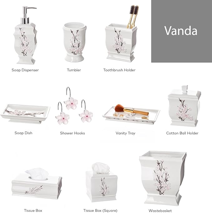Creative Scents Vanda Bathroom Set - Cherry Blossom White Bathroom Accessories Set - 4 Piece Floral Bathroom Soap Dispenser Set Includes: Lotion Dispenser, Toothbrush Holder, Tumbler & Soap Dish