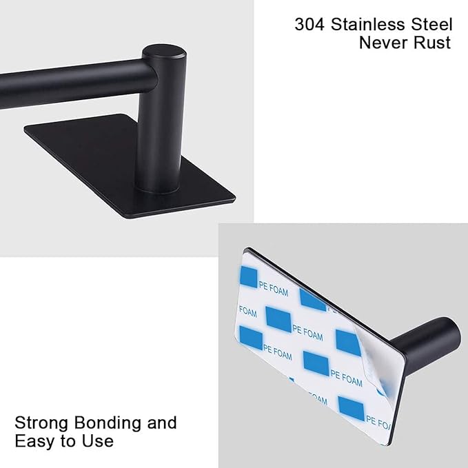 NearMoon Self Adhesive Bathroom Towel Bar- Stainless Steel Bath Wall Shelf Rack Hanging Towel Stick On Sticky Hanger Contemporary Style, NO Drilling (1 Pack, Matte Black, 16-Inch Towel Rack)