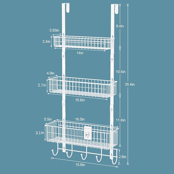 OYEAL Over The Door Basket Organizer 3 Tier Hanging Kitchen Storage Rack Heavy Duty Pantry Organizer with 3 Basket and 5 Hooks Door Back Metal Wire Basket for Kitchen, Bathroom, Office, White