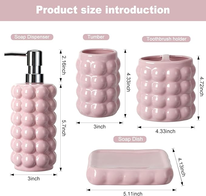 4 Piece Ceramic Bathroom Accessories Set –Soap Dispenser,Toothbrush Holder,Tumbler & Soap Dish,Includes Silicone Funnel,Non-Slip,Modern Farmhouse Countertop Organizer Set for Bathroom Decor, Pink