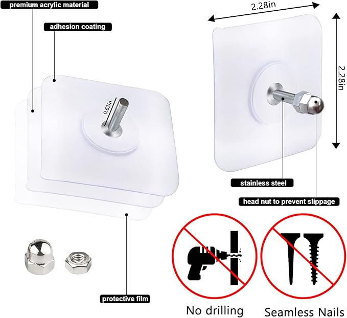 AIERSA Screw Free Sticker,Adhesive Hooks Heavy Duty,Wall Hooks for Hanging,Seamless Screws for Wall Mount,2 in 1 Reusable for Kitchen,Bathroom,Home,Office(7 Pcs, 16mm)