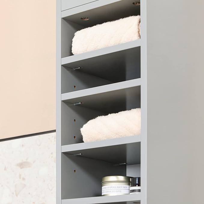 Haotian Bathroom Narrow Storage Cabinet Skinny Tall Unit with Adjustable Shelves Slender Anti-Tipping Floor Standing Cupboard, Gray BZR34-HG