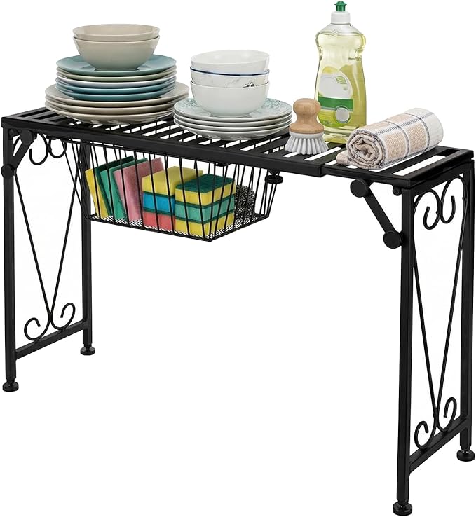 MyGift Over Sink Shelf with Pull Out Drawer, Expandable Black Metal Kitchen Over The Sink Shelf Rack, Bathroom Storage Shelf Riser with Scrollwork Design
