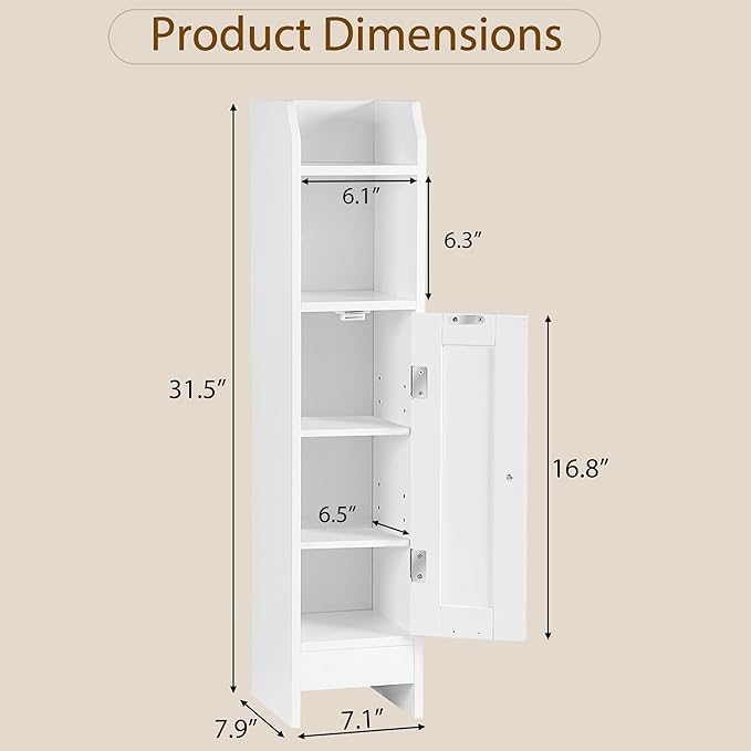 SUPER DEAL Small Bathroom Storage Corner Cabinet, Narrow Floor Bathroom Toilet Paper Storage Organizer with Adjustable Shelves for Small Spaces, White
