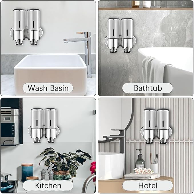 2 Chamber Wall Mounted Bathroom Shower Pump Dispenser and Organizer-Holds Shampoo, Soap, Conditioner, Shower Gel, for Bathroom Kitchen Hotel (Silver 2 Chamber)