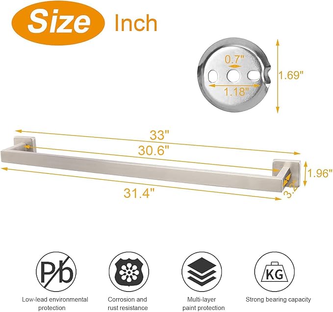 TocTen Bath Towel Rack - Square Base Thicken SUS304 Stainless Steel Towel Bar for Bathroom, Bathroom Accessories Towel Rod Heavy Duty Wall Mounted Towel Holder. (Brushed Nickel, 33)