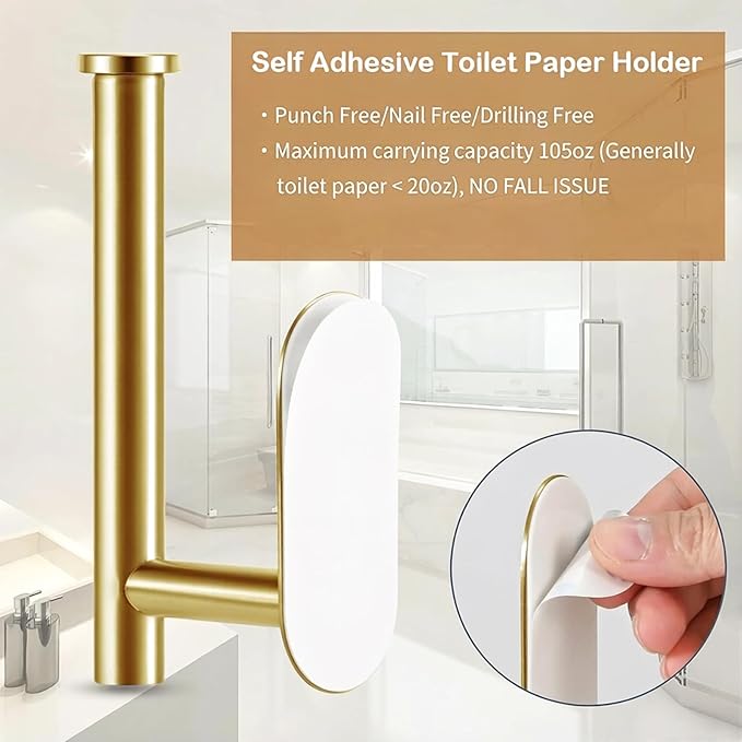 JOPOFI Toilet Paper Holder - Self Adhesive Toilet Paper Holder Wall Mount for Bathroom, SUS 304 Stainless Steel Command Strip Toilet Paper Roll Holder Stick On Wall, No Drilling - Brushed Gold