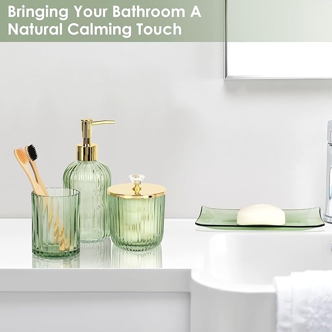 Designer Green Glass Bathroom Accessories Sets - 4 Pcs with Lotion Soap Dispenser, Bathroom Toothbrush Holder, Vanity Tray, and Apothecary Jar, Vintage Bathroom Decor