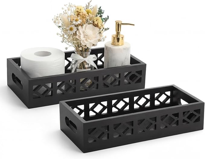 Qunclay 2 Pack Black Toilet Tank Baskets Wooden Toilet Tank Top Paper Baskets with Handle Rustic Hollow Bathroom Paper Organizer Holders Farmhouse Decorative Bathroom Storage Box