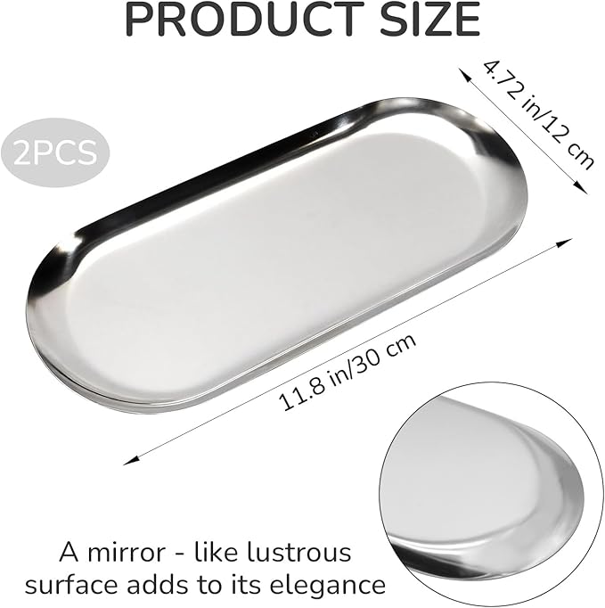 2 Pack Stainless Steel Decorative Tray, 12 Inch Oval Vanity Tray for Jewelry, Small Storage Plate for Cosmetics Organizer Bathroom Key Candle (Silver)