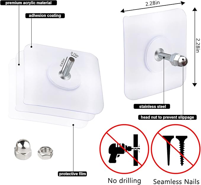 AIERSA Heavy Duty Adhesive Hooks, Wall Hooks for Hanging, Screw Free Sticker, Seamless Screws for Wall Mount, 2 in 1 Reusable, White, 20 Pcs, 16mm