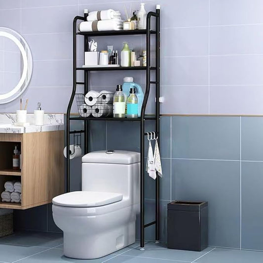 3-Tier Over The Toilet Storage, Freestanding Metal Bathroom Shelves, Above Toilet Storage Rack with Hooks and Paper Holder, Space-Saving, for Bathroom Restroom Laundry, Black
