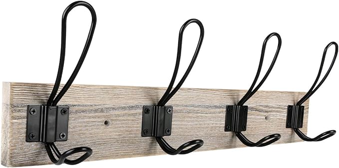 Wall Mounted Coat Rack, Wooden Entryway Vintage Rustic Coat Rack Hat Hanger Rack Zinc die-cast 4-Hook Rail for The Entryway, Bathroom, Bedroom, Kitchen, Mudroom (Pinewood, Metal 4-Hook)