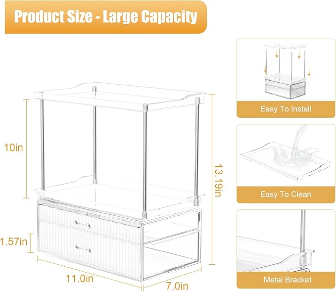 2-Tier 2-Drawer Bathroom Countertop Organizer : Large Multi-Purpose Makeup Vanity Organizer - Perfume & Skincare Storage Amber Clear
