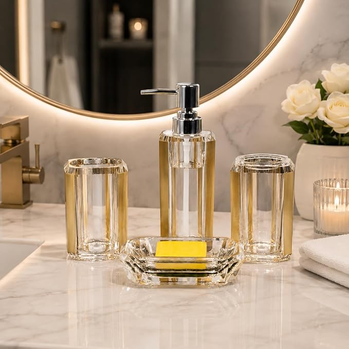 4-Piece Gold Bathroom Accessories Set — Soap Dispenser, Soap Dish, Mouthwash Cup & Toothbrush Holder, Acrylic with Brushed Gold Accent, Luxury Vanity Countertop Organizer