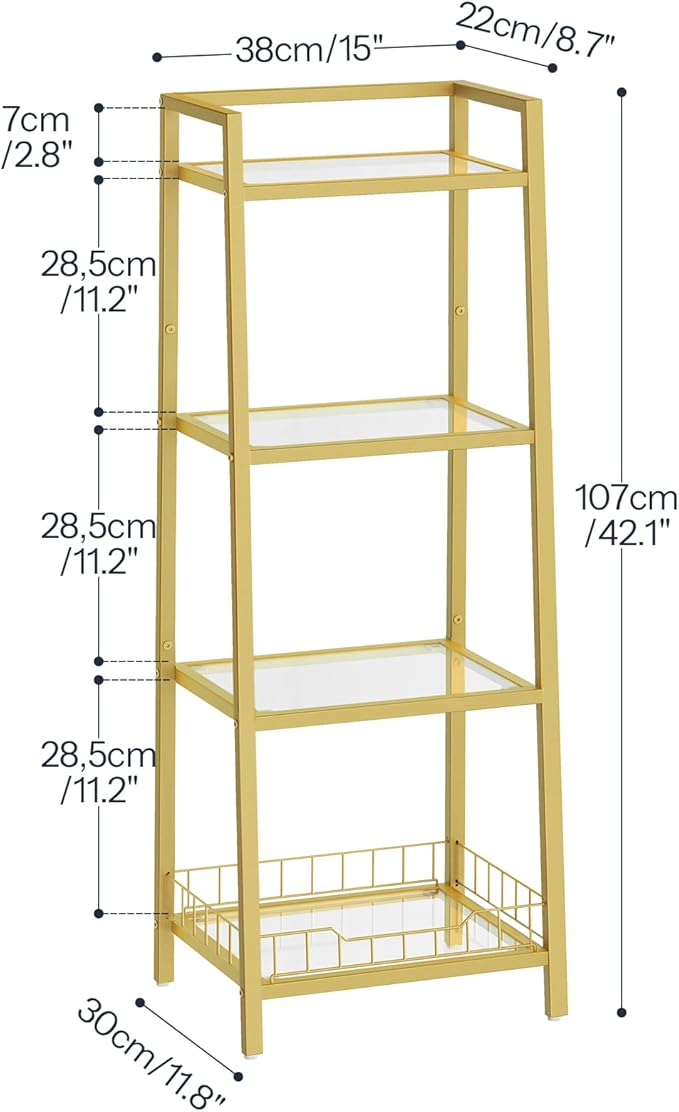 HOOBRO Gold Glass Shelf Stand, 4 Tier Standing Shelf Unit, Bathroom Organizer and Storage, Floor Storage Shelves Waterproof, for Bathroom, Laundry, Toilet, Tempered Glass, Gold GD79CJ01