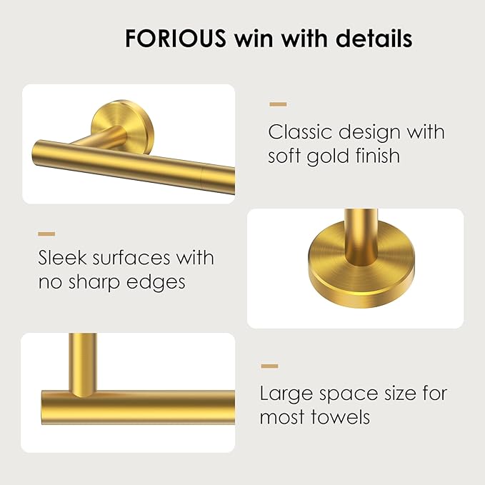 FORIOUS Towel Bar Wall Mounted, Stainless Steel Towel Racks for Bathroom, Includes Wall Mounting Hardware (Brushed Gold, 20 Inch)