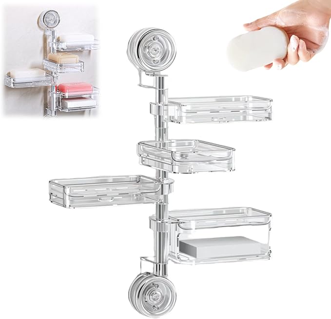LECDOA Corrugated Suction Cup Storage Holder, 2025 New Movable Shower Shelf Suction Cup, No-Drill Wall-Mounted Storage Shelf, Luxury-Style Glacier Pattern (White-Four layers with Sponge)