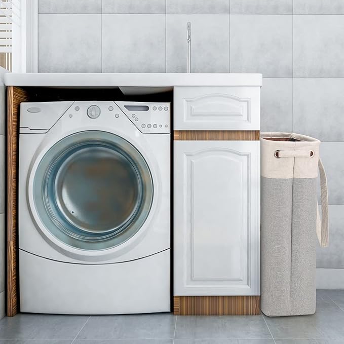 Laundry Basket with Handles Beige&Silver Slim Laundry Bin Collapsible Dirty Clothes Basket Narrow Laundry Bag Foldable Dirty Hamper for Camping, Dorms, Apartments