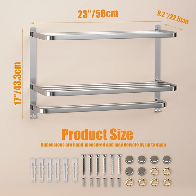 23 Inches 3-Tier Towel Racks for Bathroom with Towel Bars Multilayer Hotel Towel Shelf Stainless Steel Wall-Mounted Brushed Finish Holder with Towel Shelves